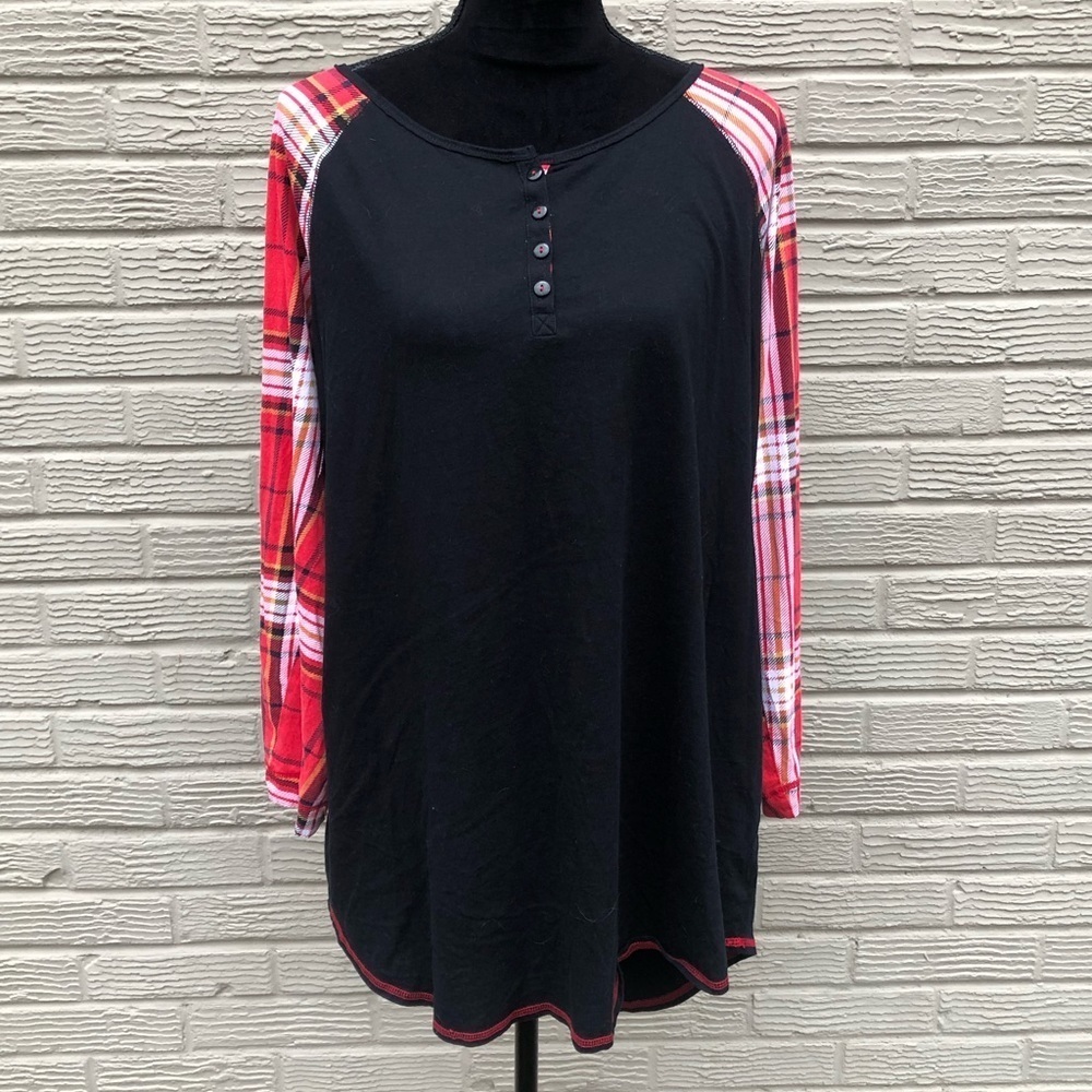 Cacique Black Nightgown with Red & White Plaid Raglan Long Sleeve Size 14/16